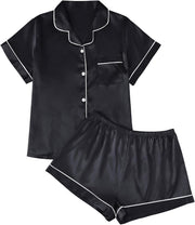Silk Satin Pajama Set for Women 2 Piece Lounge Pjs Shorts Matching Summer Sleepwear Button down Shirt Shorts