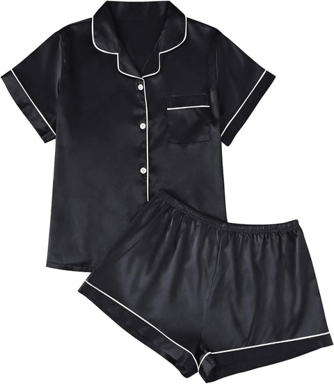 Silk Satin Pajama Set for Women 2 Piece Lounge Pjs Shorts Matching Summer Sleepwear Button down Shirt Shorts