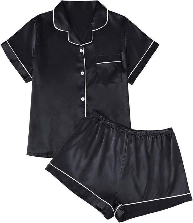 Silk Satin Pajama Set for Women 2 Piece Lounge Pjs Shorts Matching Summer Sleepwear Button down Shirt Shorts