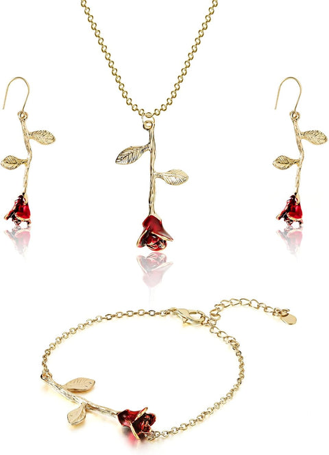 18K Gold Plated Jewelry Set Rose Necklace Bracelet Earrings Red Rose Flower Pendant for Christmas Gift Women