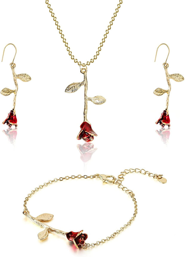 18K Gold Plated Jewelry Set Rose Necklace Bracelet Earrings Red Rose Flower Pendant for Christmas Gift Women
