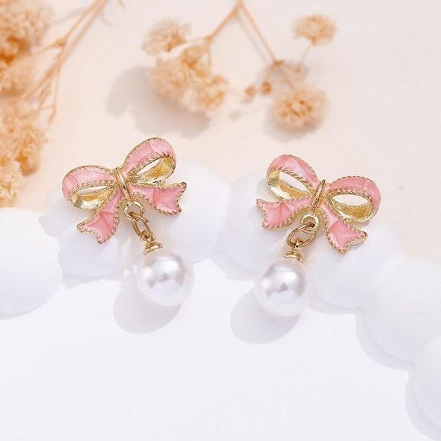 Gold Pearl Bow Earrings for Women Trendy Pink Coquette Drop Stud Ribbon Silver Earrings Dangle Jewelry - Unique Gifts for Wife Preppy Cute Teen Accessories 2025