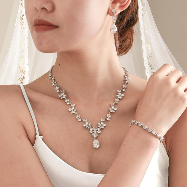 Jewelry Set for Women, Necklace Dangle Earrings Bracelet Set with White AAA Cubic Zirconia, Allergy Free Wedding Party Jewelry for Bridal Bridesmaid