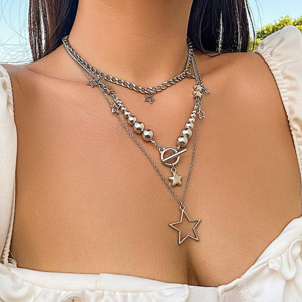 2 Pieces Silver Star Necklace Y2K Jewelry Set Grunge Necklace Kawaii Cute Necklaces Aesthetic Vintage Emo Jewelry