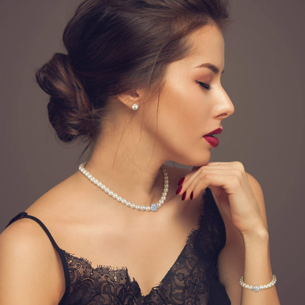 Pearl Rhinestone Jewelry Set for Women Pearl Necklace Bracelet Earrings for Wedding Birthday Bridal Shower Tea Party