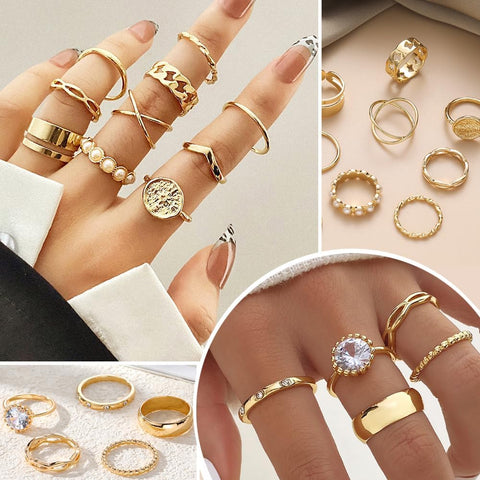 Gold Plated Jewelry Set for Women with Multi Layered Necklaces, Stackable Bracelets, Knuckle Rings, Hoop Earrings Sets, Fashion Outfit Accessories Jewelry Packs, Gifts for Women
