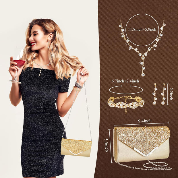 5 Pcs Purse Rhinestone Jewelry Set Prom Jewelry Rhinestone Clutch Purse Necklace Earrings Bracelets for Women Bride