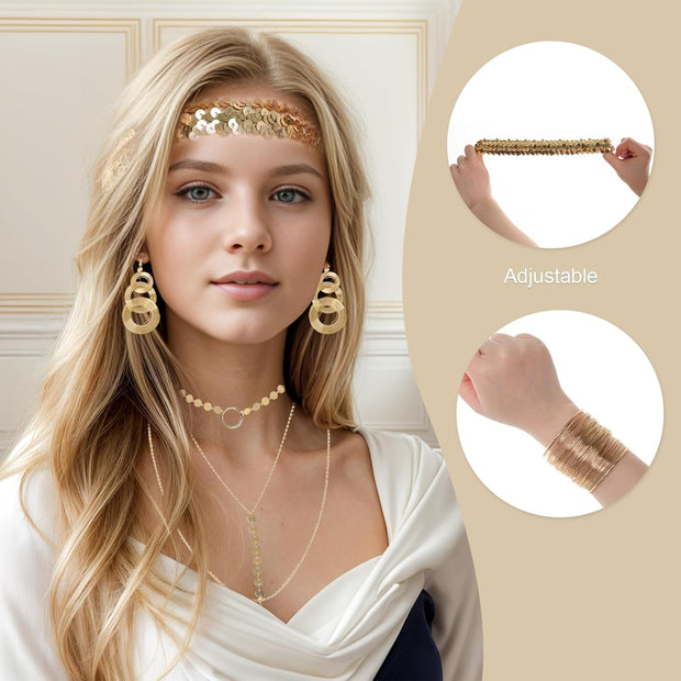 6 Pieces 70S Gold Disco Accessories Set for Women 1970S Disco Costume Accessory Dangle Earrings Layered Necklace Bangle Bracelets Diamond Glasses Sequin Headband for Party Halloween Cosplay