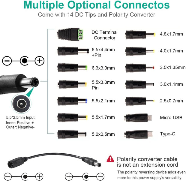 Universal Power Supply 3V~24V 3A 72W Adjustable Variable 3V 5V 9V 12V 18V 20V 24V AC/DC Adapter Charger, 100V-240V AC to DC Converter with 14 Tips, Polarity Converter and 4-Way Power Splitter Cable