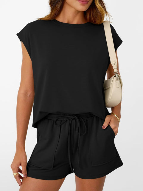 Womens Crew Neck Two Piece Short Sets Cap Sleeve Drawstring Summer Sweatsuit with Pocket