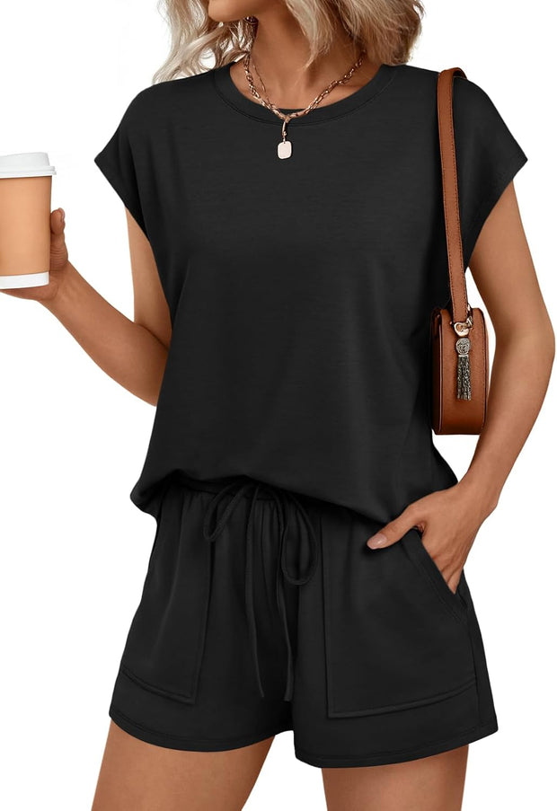 Womens Crew Neck Two Piece Short Sets Cap Sleeve Drawstring Summer Sweatsuit with Pocket