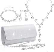 4 Pcs Silver Clutch Purse Jewelry Set for Women Evening Rhinestone Purse Silver Accessories for Women Bride Wedding Jewelry