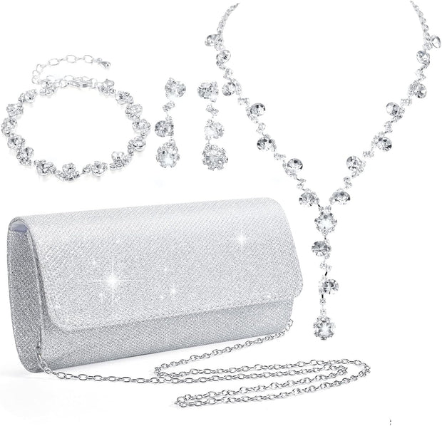 4 Pcs Silver Clutch Purse Jewelry Set for Women Evening Rhinestone Purse Silver Accessories for Women Bride Wedding Jewelry