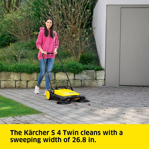 S 4 Twin Walk-Behind Outdoor Hand Push Sweeper - 5.25 Gallon Capacity - 26.8" Sweeping Width - Sweeps up to 26,000 Ft²/Hour,Yell