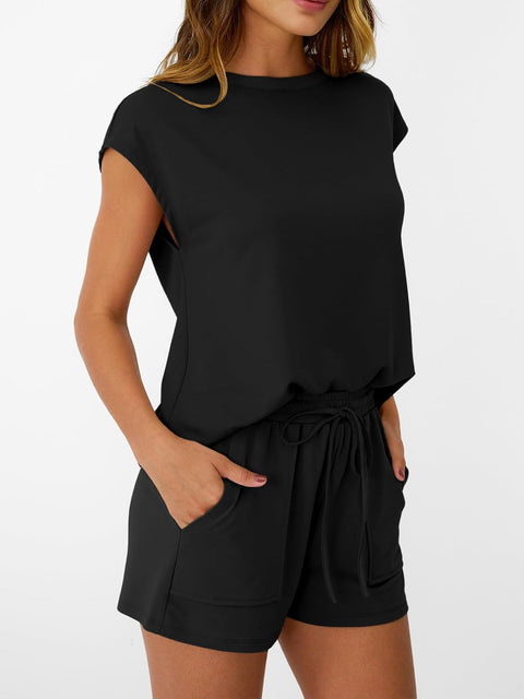Womens Crew Neck Two Piece Short Sets Cap Sleeve Drawstring Summer Sweatsuit with Pocket