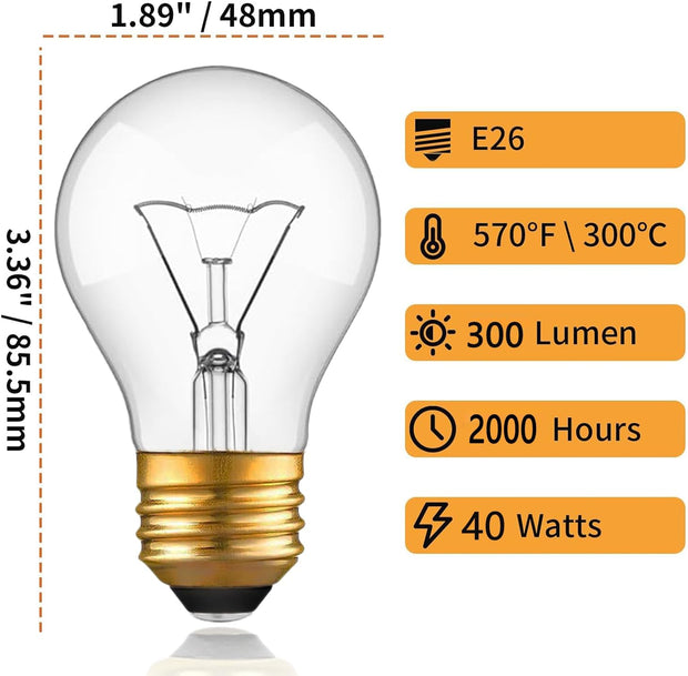 Appliance Oven Light Bulb, High Temp 300 °C Resistant,（2 Pack） A15/E26/120V/40 Watt Appliance Replacement Bulb for Refrigerator over Stove Microwave Range Hood,Warm White