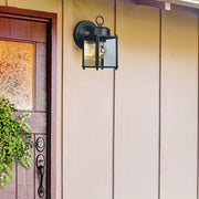 Preston Outdoor Light Fixture, 8 Inch, Exterior Wall Mount Lantern Sconce, Clear Glass Porch Lights for Front Door, Patio, and House Garage, Black, 1161-BK