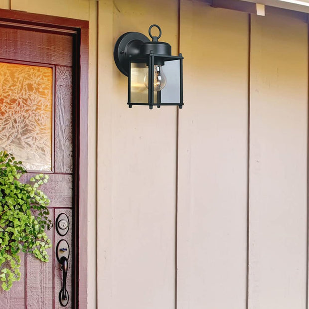 Preston Outdoor Light Fixture, 8 Inch, Exterior Wall Mount Lantern Sconce, Clear Glass Porch Lights for Front Door, Patio, and House Garage, Black, 1161-BK