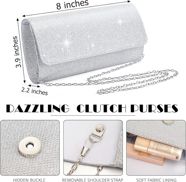 4 Pcs Silver Clutch Purse Jewelry Set for Women Evening Rhinestone Purse Silver Accessories for Women Bride Wedding Jewelry