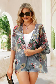 Women'S Floral Print Puff Sleeve Kimono Cardigan Loose Cover up Casual Blouse Tops