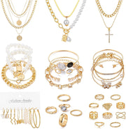 Gold Plated Jewelry Set for Women with Multi Layered Necklaces, Stackable Bracelets, Knuckle Rings, Hoop Earrings Sets, Fashion Outfit Accessories Jewelry Packs, Gifts for Women