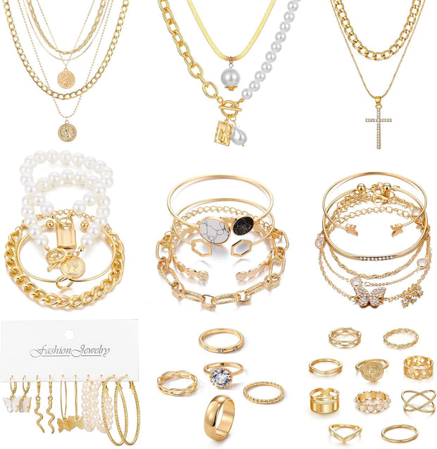 Gold Plated Jewelry Set for Women with Multi Layered Necklaces, Stackable Bracelets, Knuckle Rings, Hoop Earrings Sets, Fashion Outfit Accessories Jewelry Packs, Gifts for Women